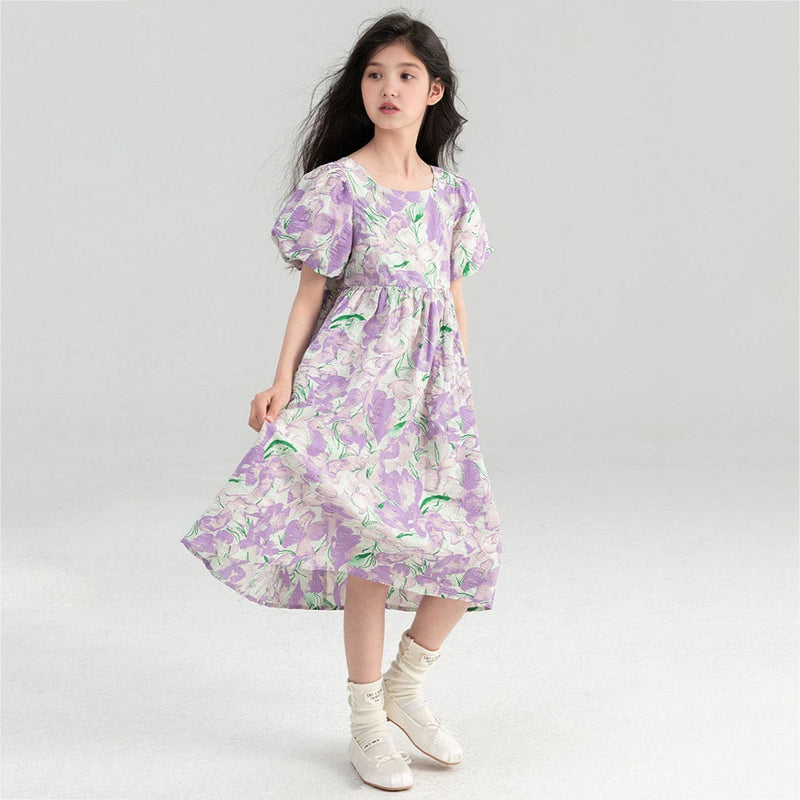 Girls Purple Floral Print Puff Sleeves Fit & Flare Dress Casual Dresses   