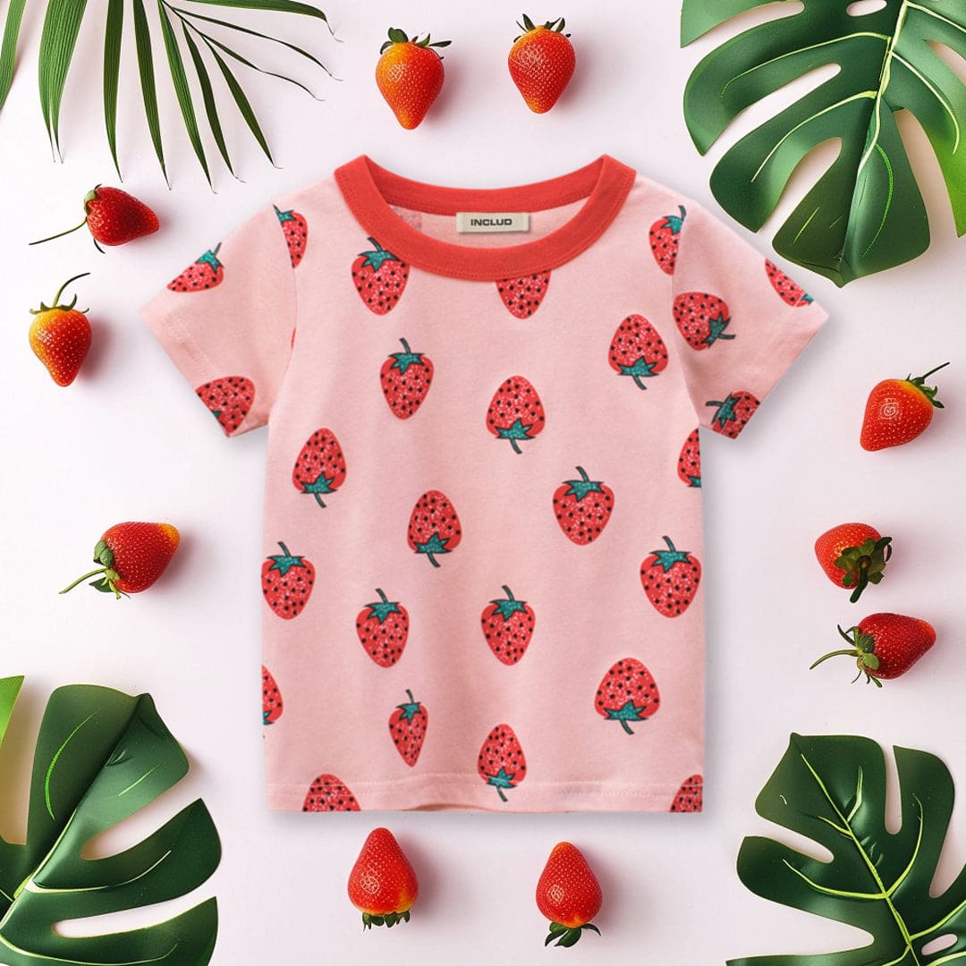 Girls Strawberry Print Short Sleeves T-Shirt Tshirts Pink 1-2 Y 
