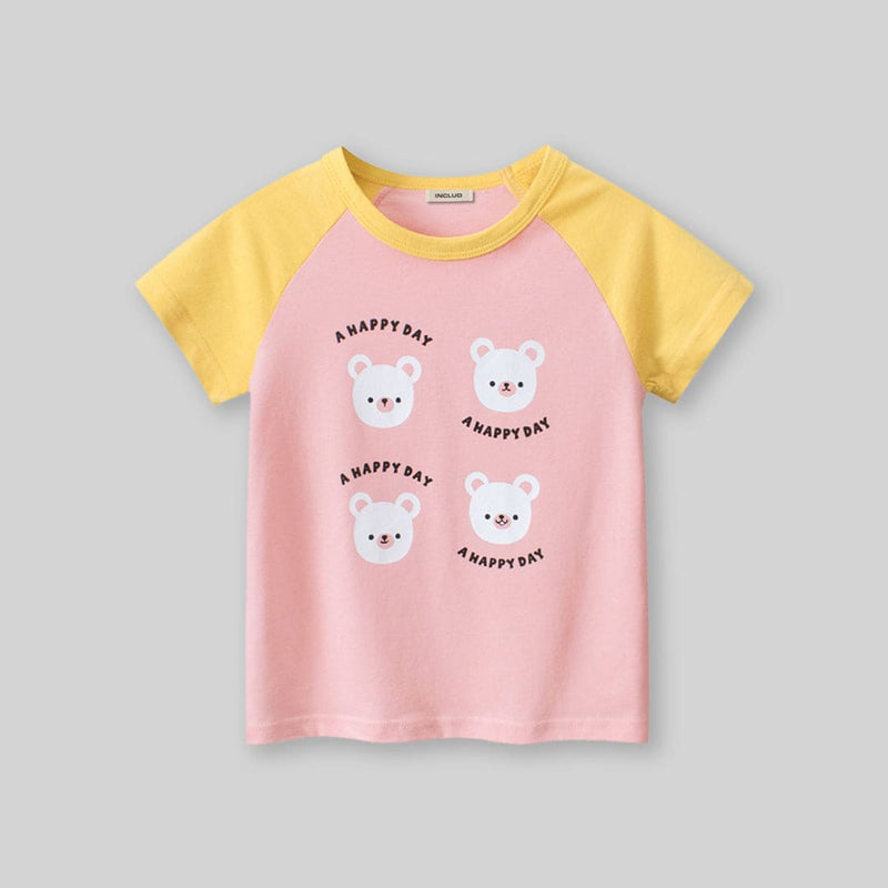 Girls Pink Graphic Print Raglan Sleeves T-Shirt Tshirts Pink 1-2 Y 