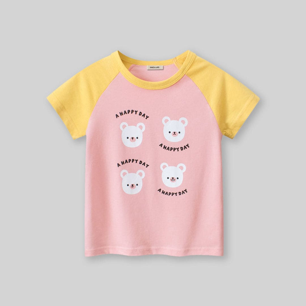 Girls Pink Graphic Print Raglan Sleeves T-Shirt