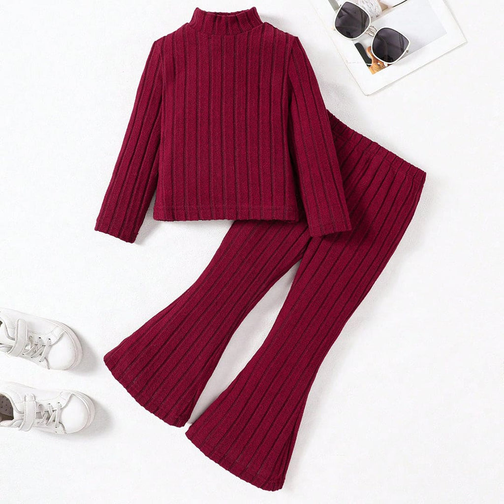 Girls Maroon Turtle Neck Sweater with Bellbottom Pants Co-Ord Set Sets Maroon 2-3 Y 