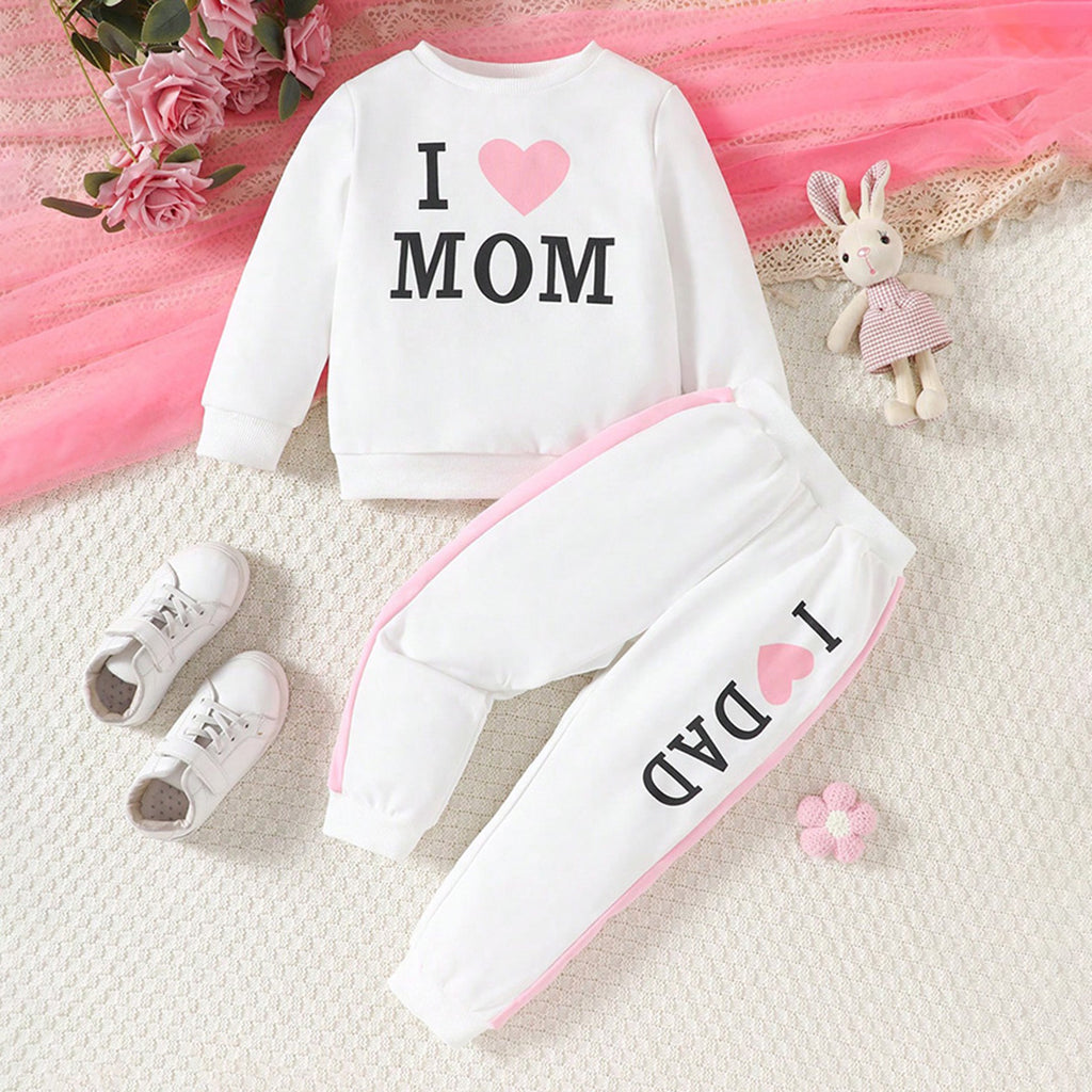 Girls White Printed Sweatshirt with Trackpants Set