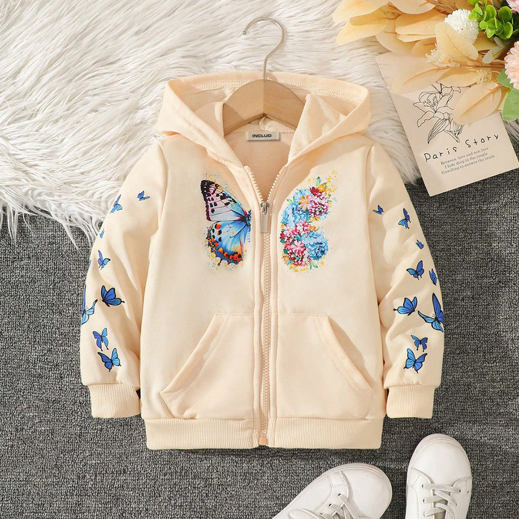 Girls Beige Butterfly Print Hooded Zipper Jacket