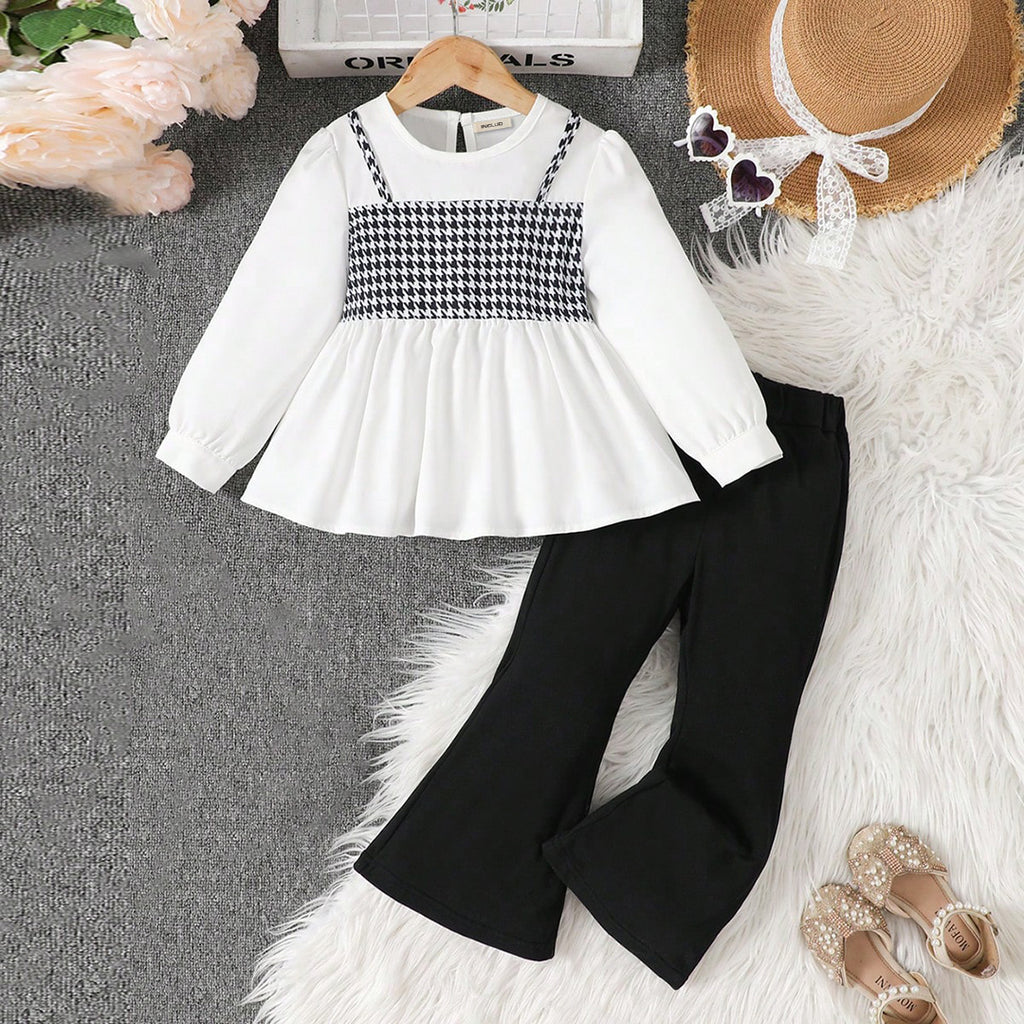 Girls White Peplum Houndstooth Print Top with Bellbottom Pants Set Sets Black 2-3 Y 