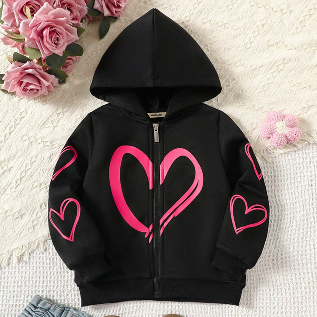 Girls Black Heart Print Hooded Jacket