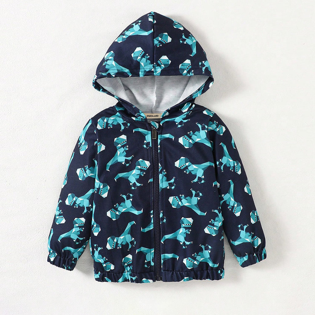 Boys Navy Blue Dinosaur Printed Hooded Jacket