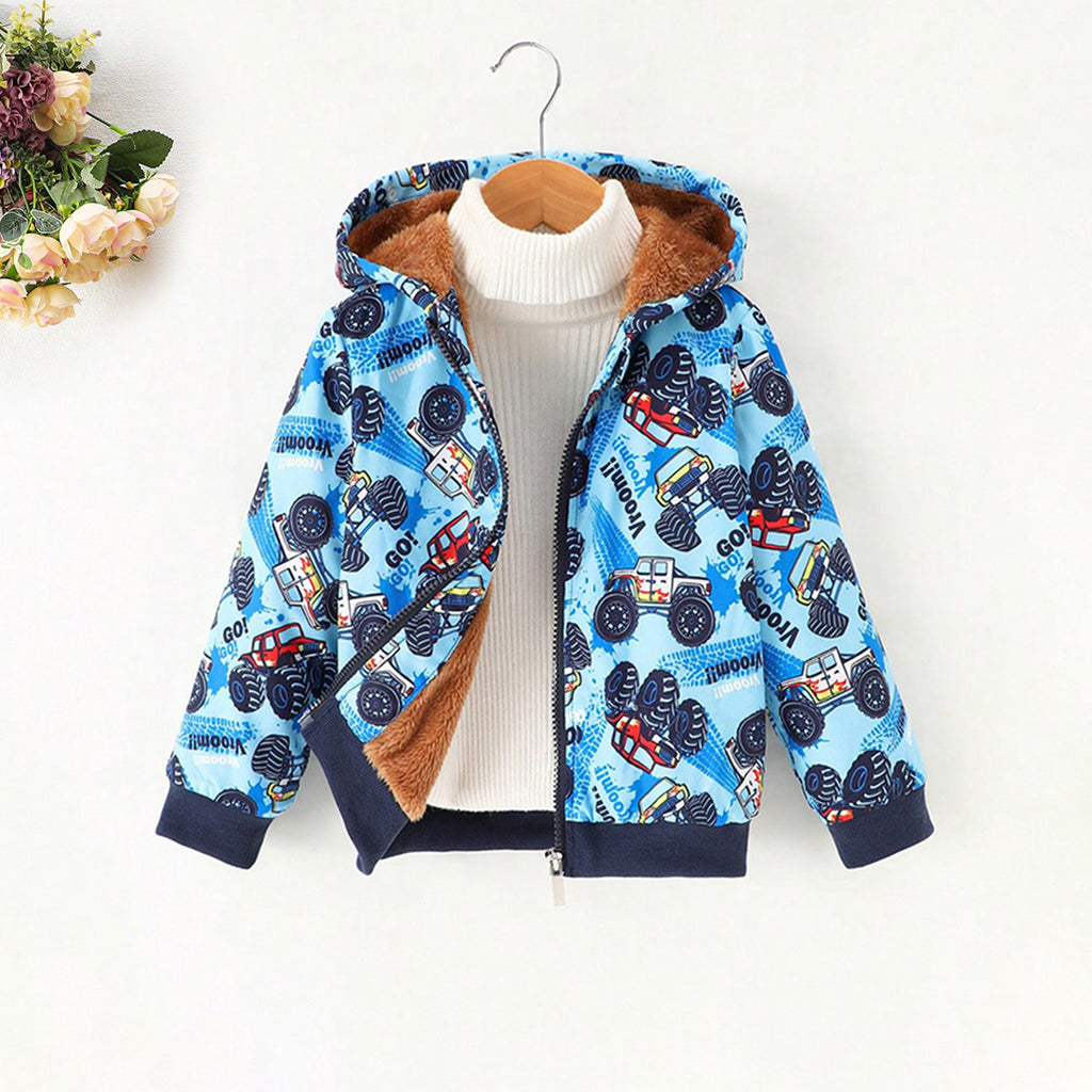 Boys Blue Car Print Full Sleeves Hooded Jacket with Fleece Lining