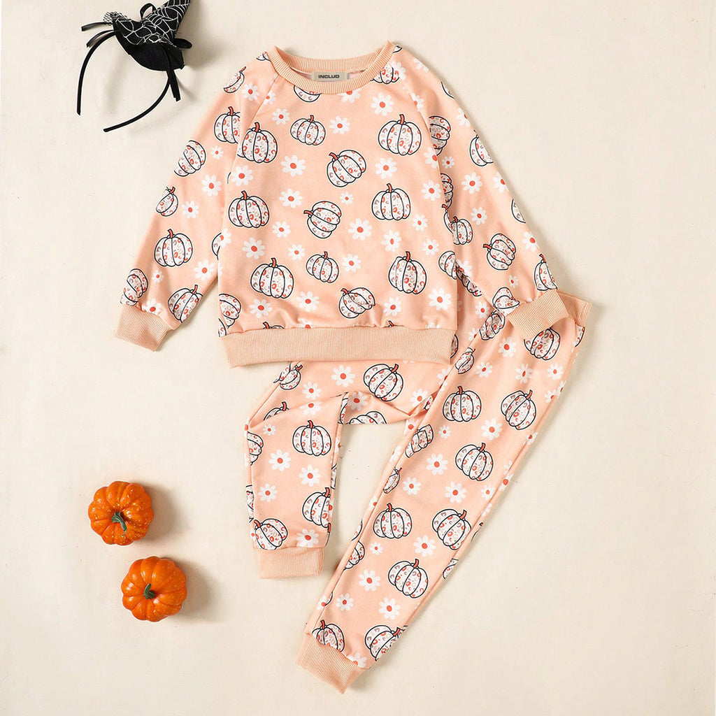 Girls Peach Pumpkin Flower Print Sweatshirt & Trackpant Set