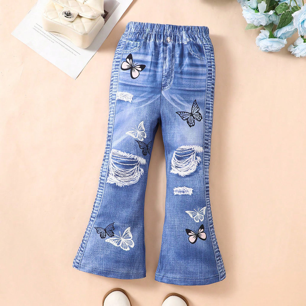 Girls Blue Butterfly Print Distressed Denims