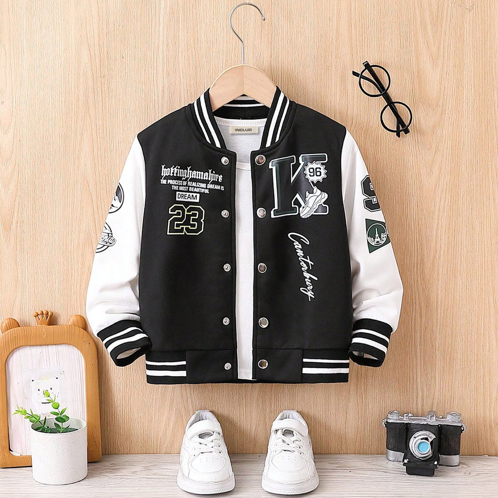 Boys Black Full Sleeves Varsity Jacket Coats & Jackets Black 2-3 Y 