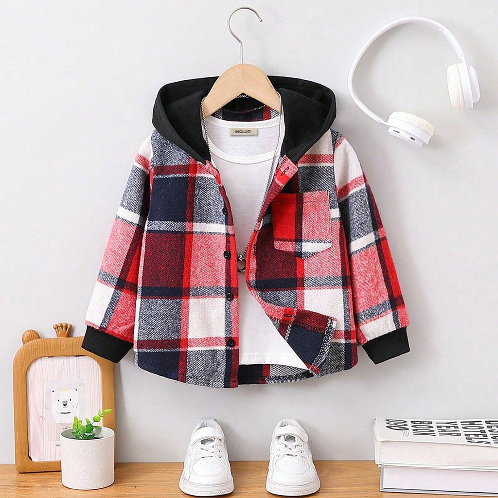 Boys Red Flannel Full Sleeves Hooded Jacket