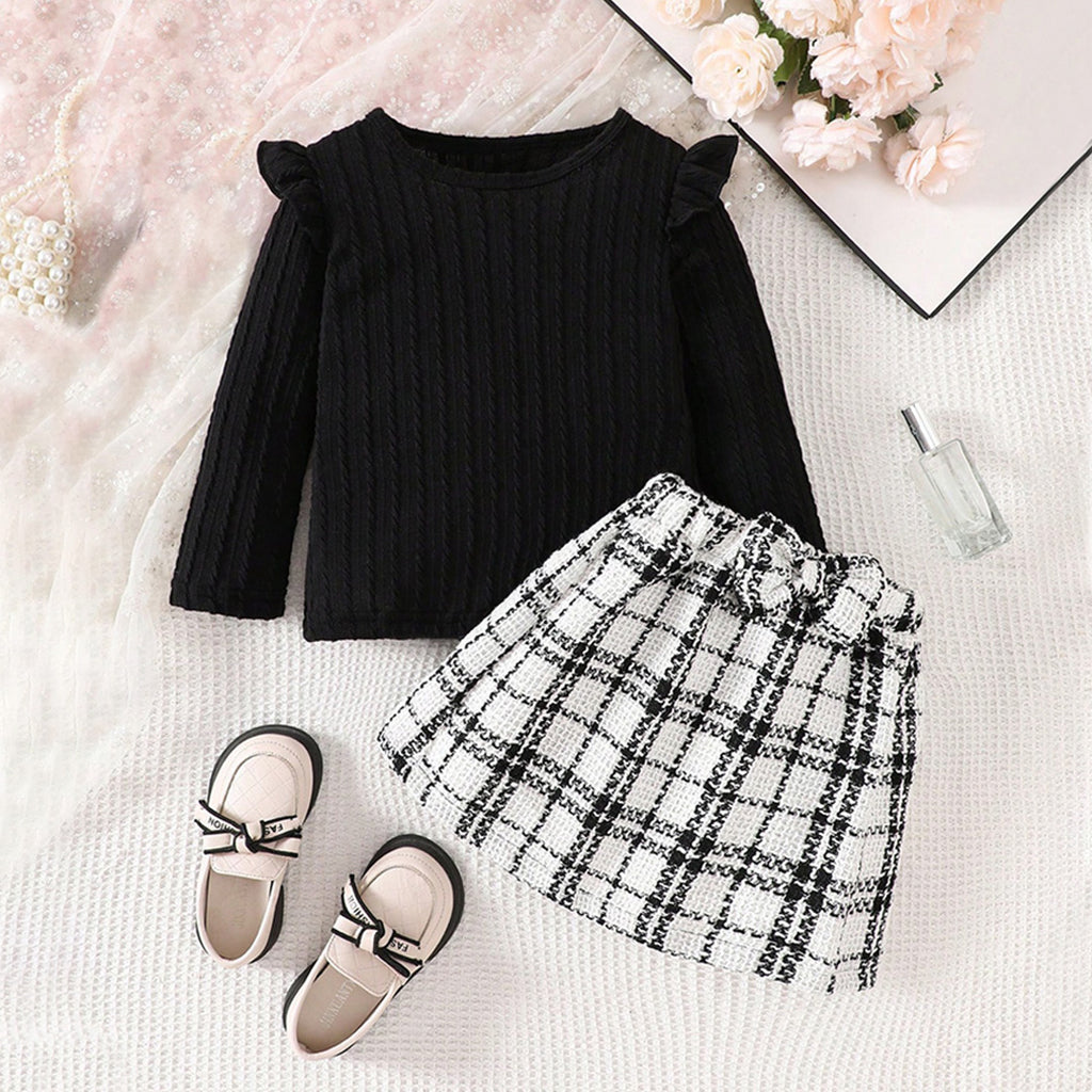 Girls Black Full Sleeves Ruffle Top with Checkered Tweed Skirt Set