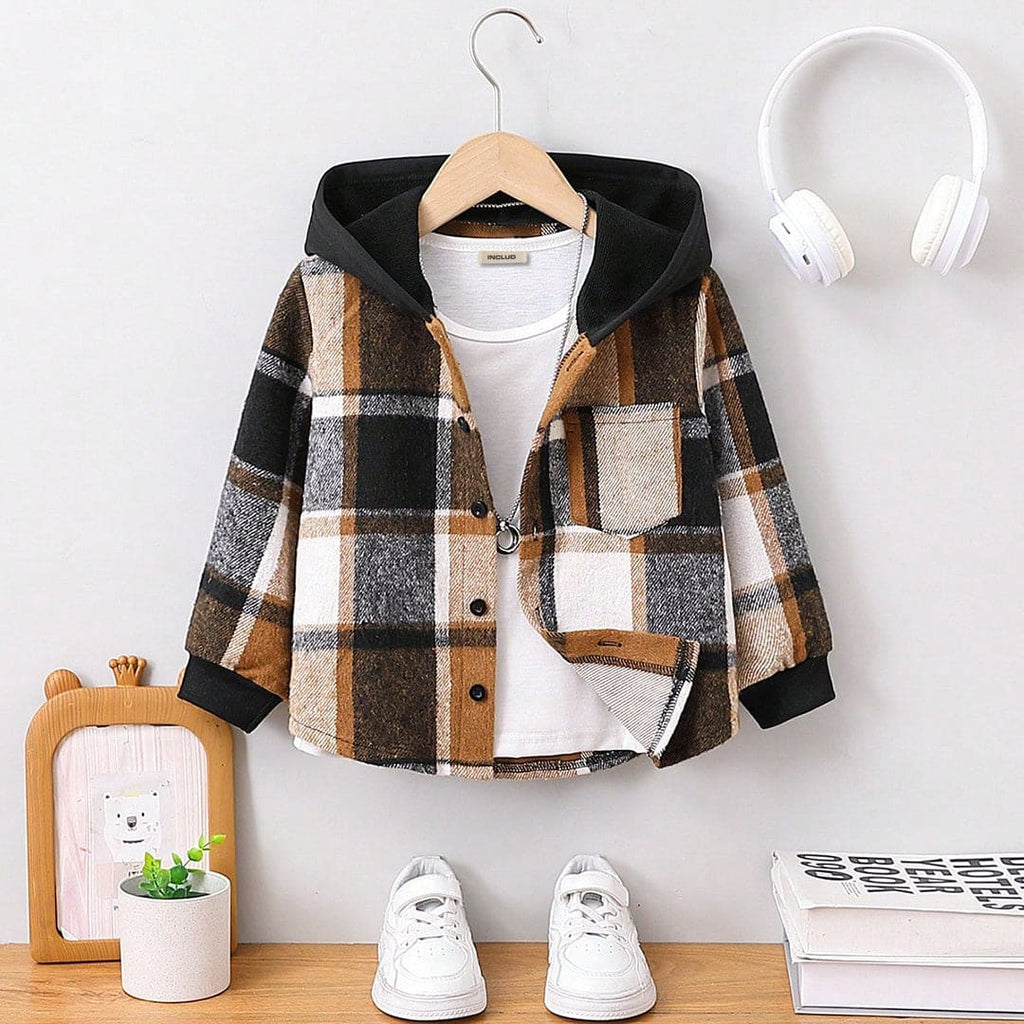 Boys Brown Flannel Full Sleeves Hooded Jacket