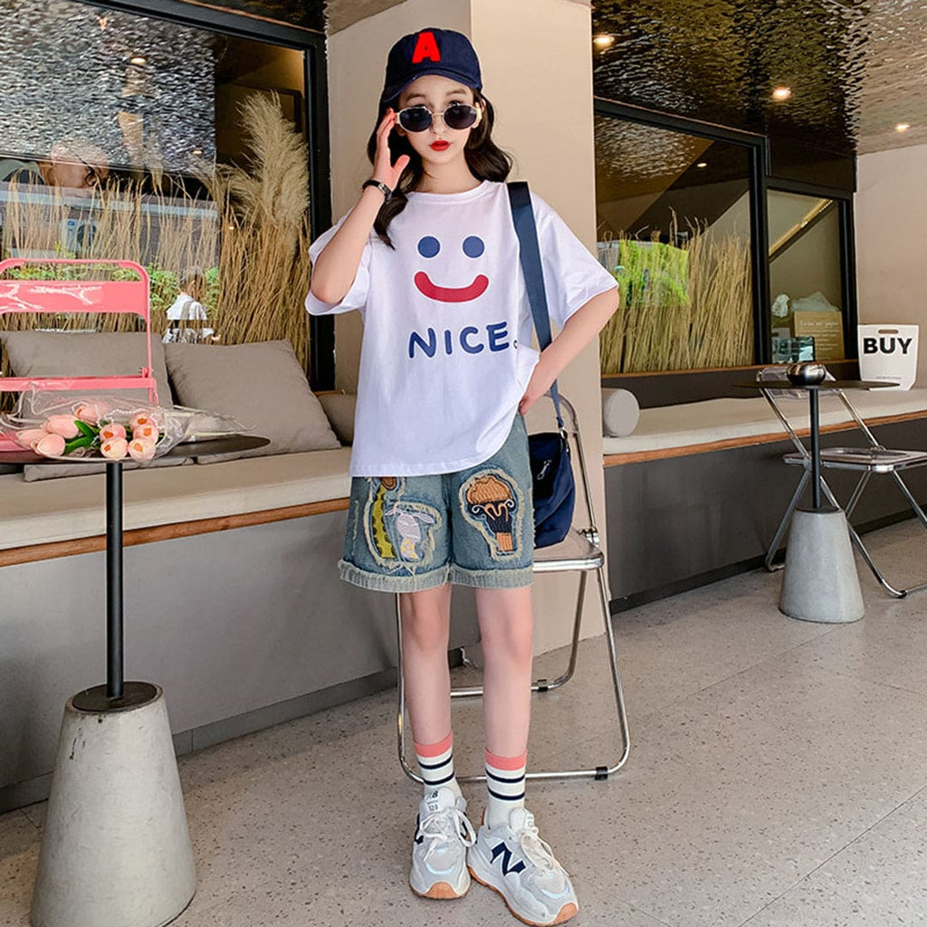 Girls Smiley T-Shirt With Embroidered Applique Denim Shorts Set