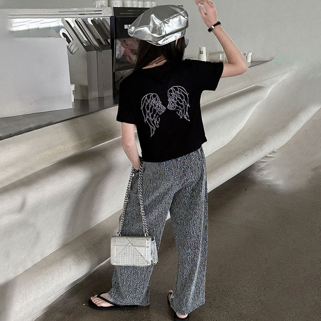 Girls Silver Diamond Print Black T-Shirt With Texture Pants Set