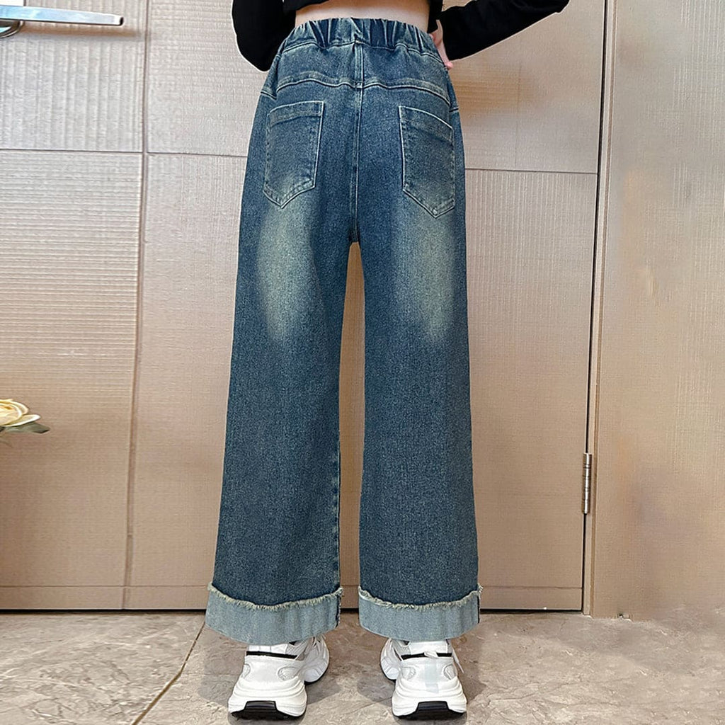 Girls Frayed Hem Bottom Fold Elasticated Denim Jeans