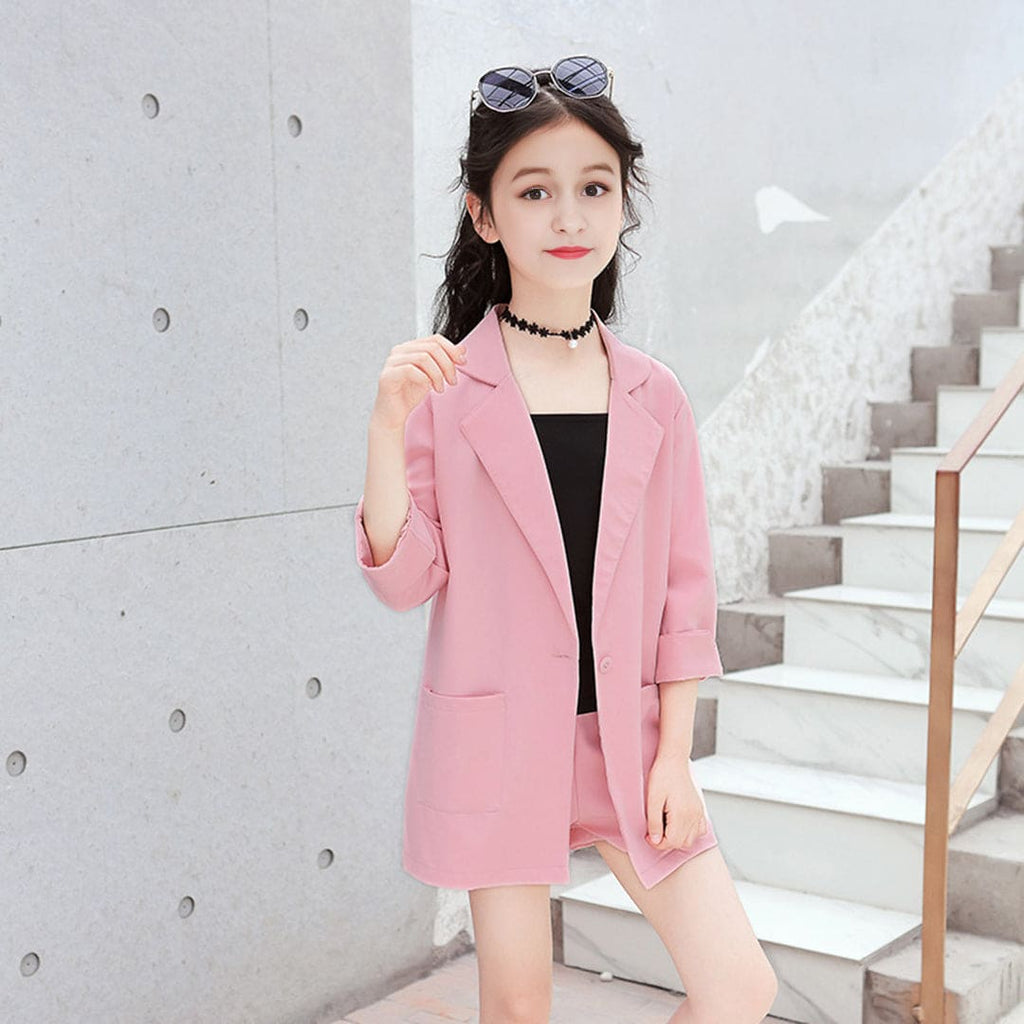 Girls Pink Long Sleeve Summer Jacket With Camisole Top And Shorts Set