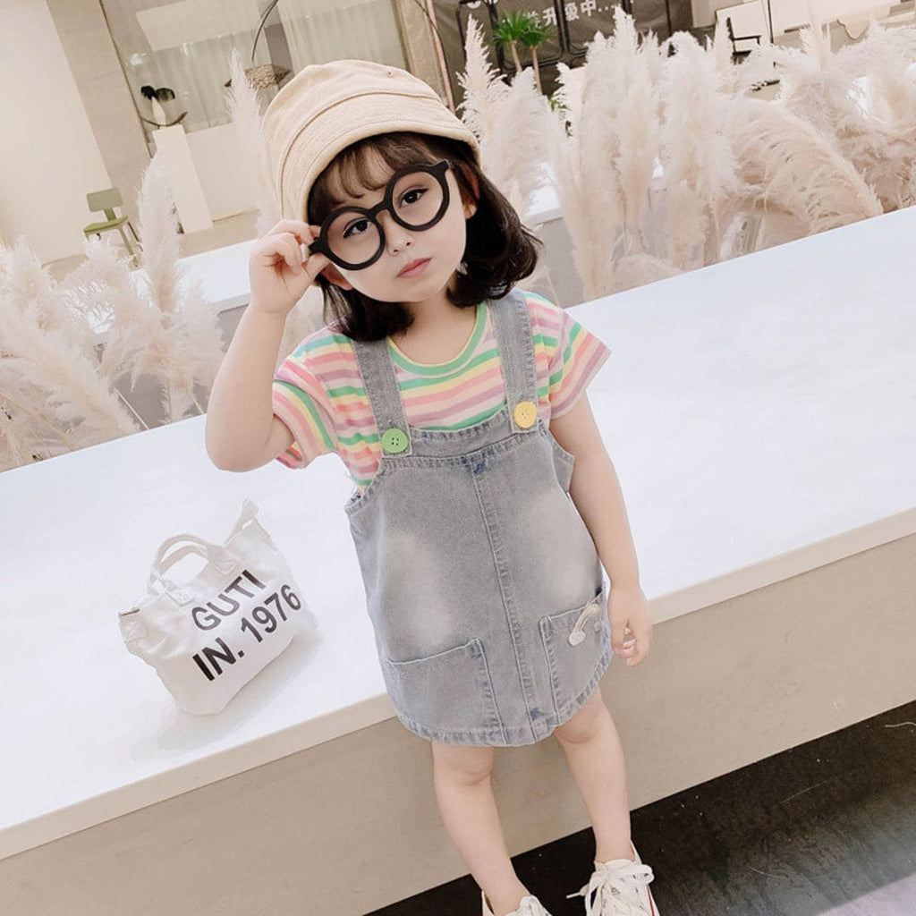 Girls Red Short Sleeve Striped T-Shirt With Denim Pinafore Dress