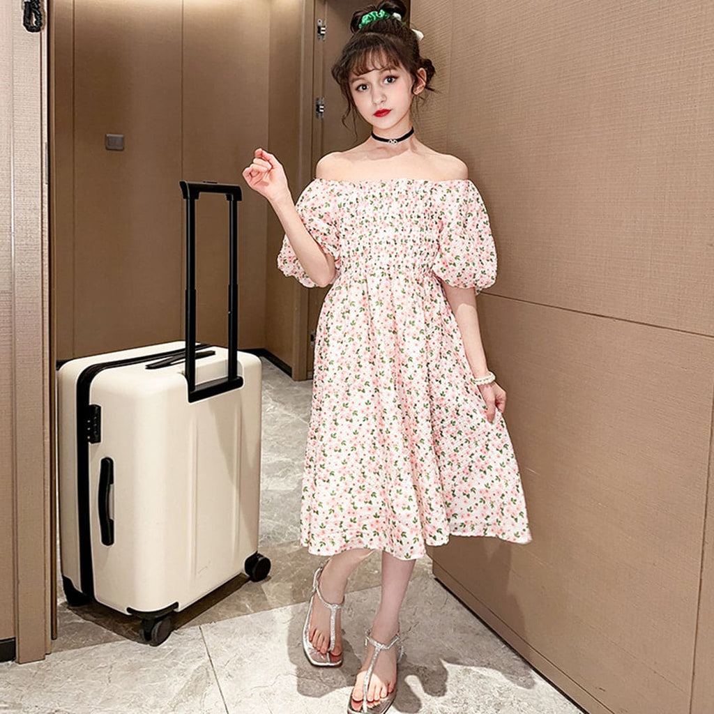 Girls Puff Sleeve Floral Printed Fit & Flare Dress
