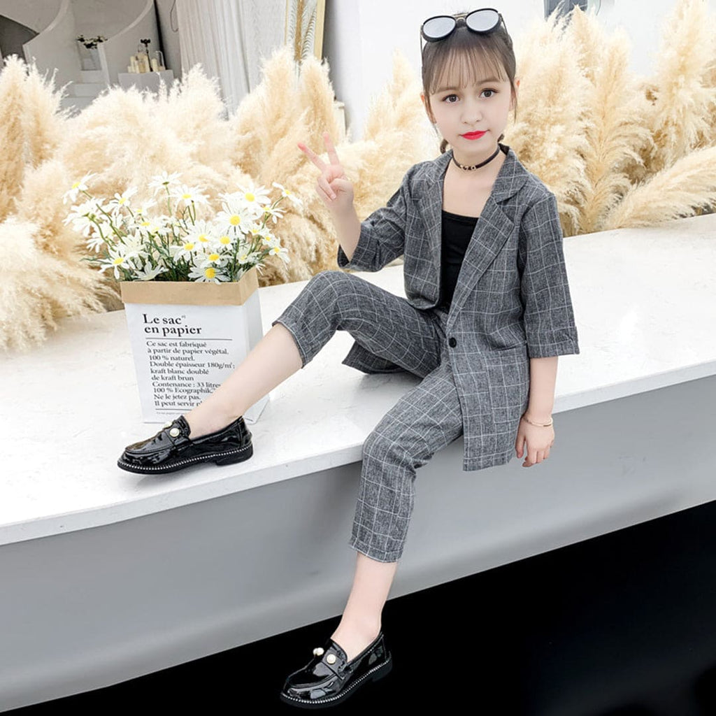 Girls Checked Summer Jacket With Camisole Top & Pants Set