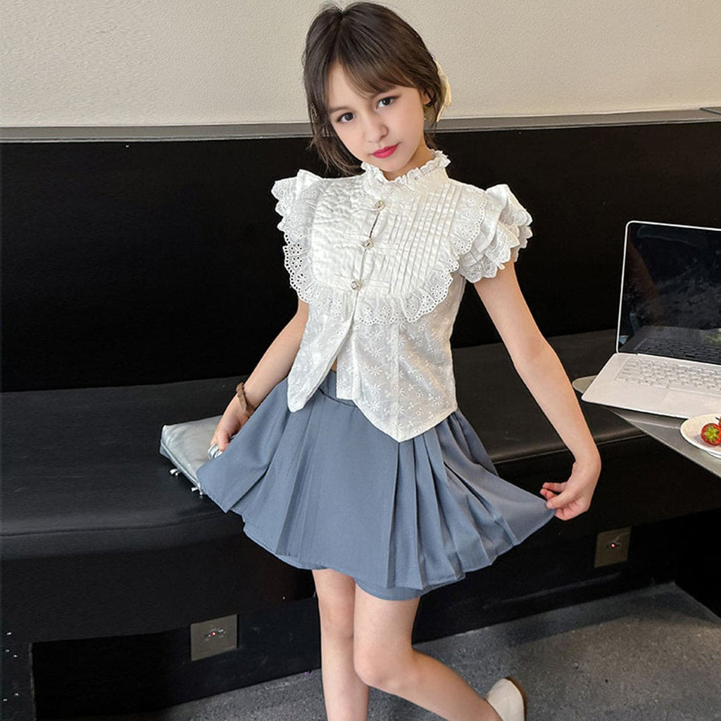 Girls Lace Neck Embroidered Shirt With Skorts Set