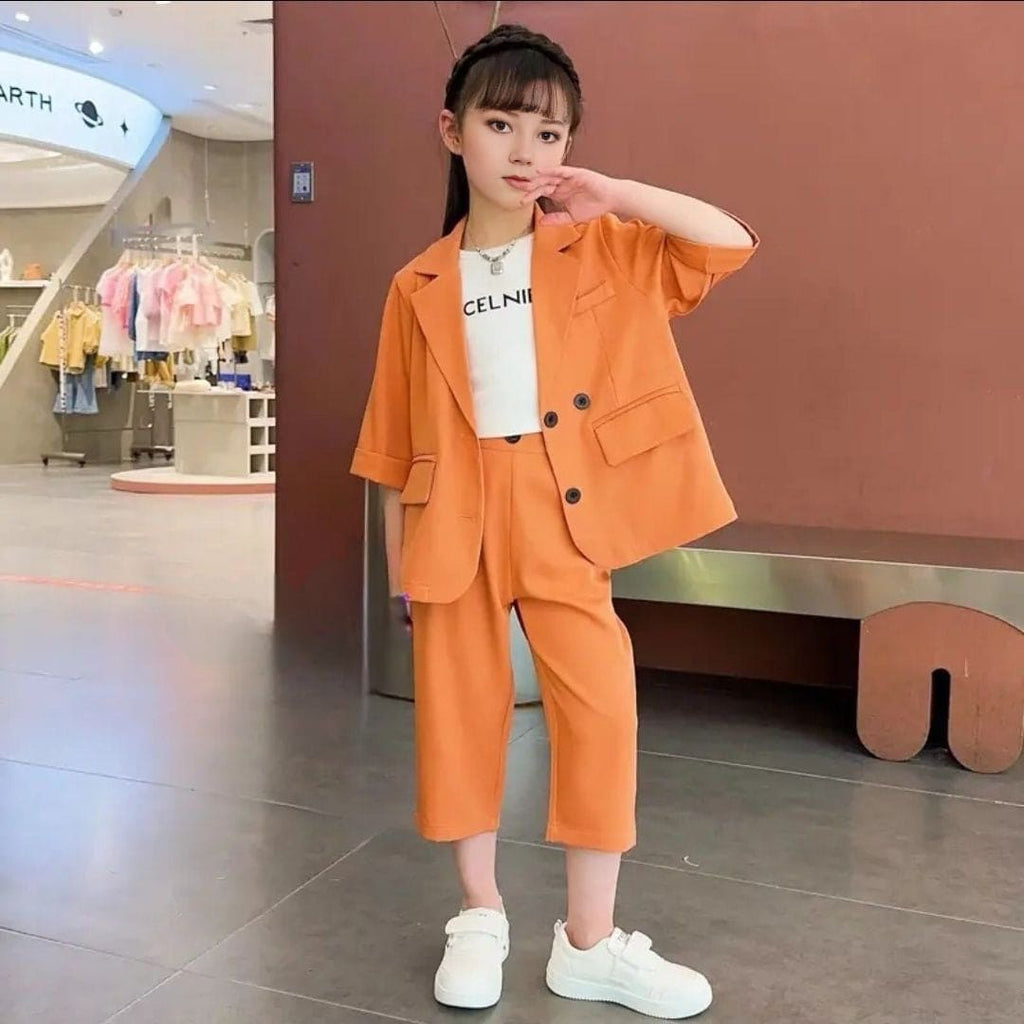 Girls Orange Short Sleeve Jacket With Sleeveless T-Shirt & Pants Set