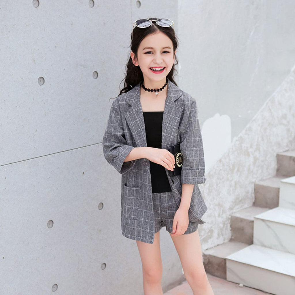 Girls Grey Long Sleeve Summer Jacket With Camisole Top And Shorts Set