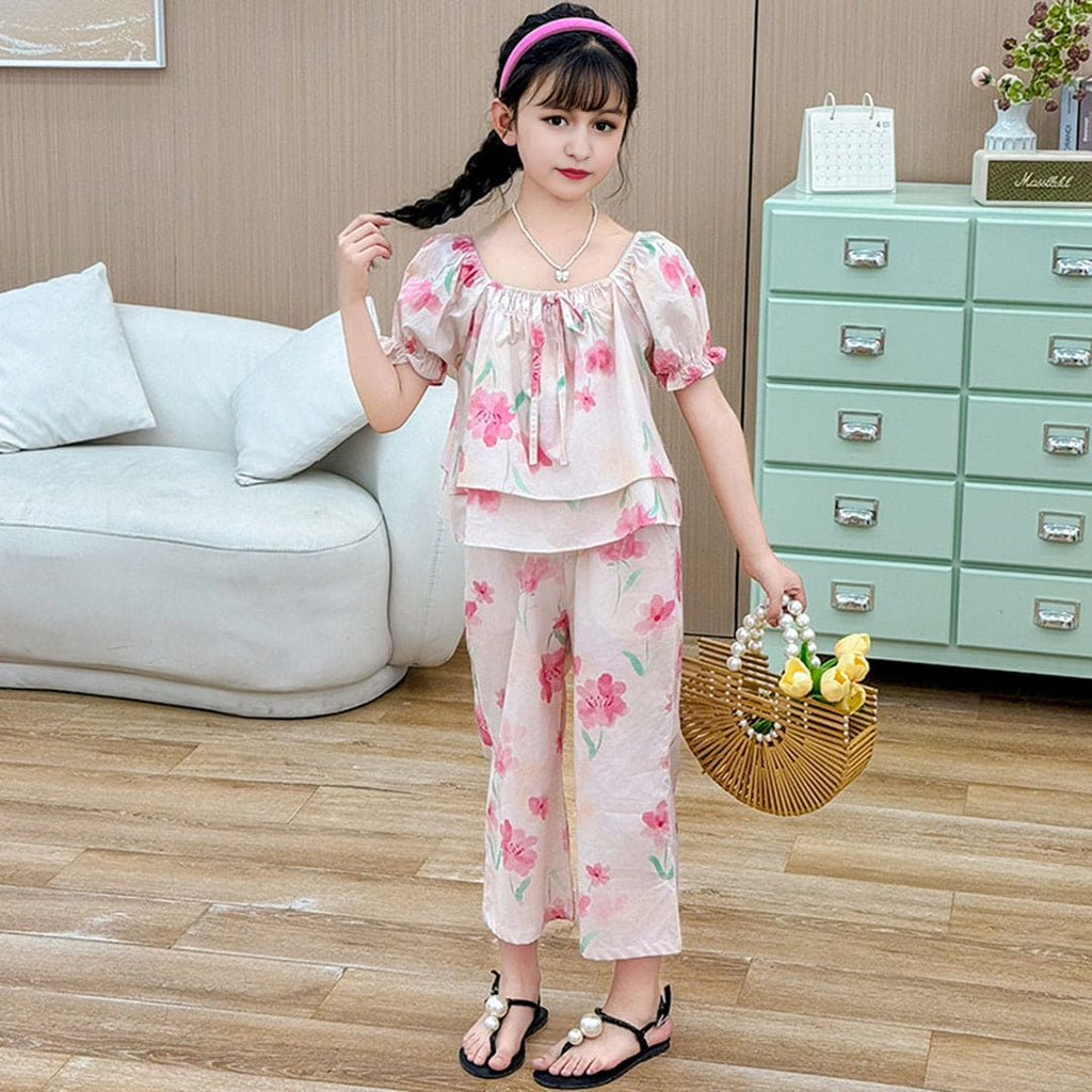 Girls Floral Printed Puff Sleeve Top With Pants Set