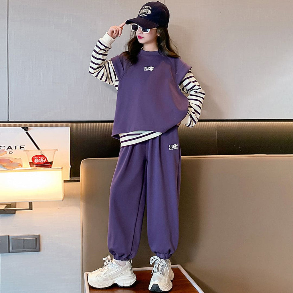Girls Purple Striped T-Shirt With Sleeveless Top & Pants Set