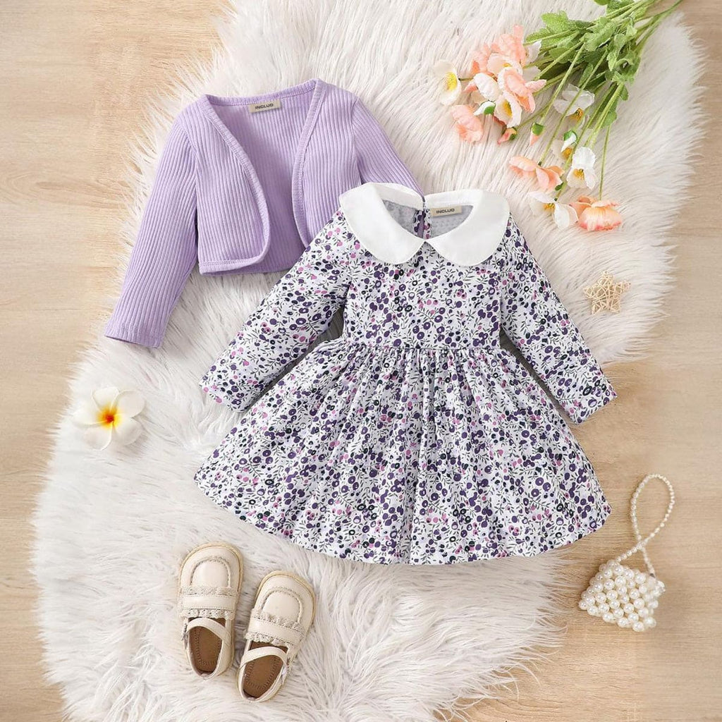 Girls Purple Flower Printed Fit & Flare Dress With Long Sleeve Jacket Casual Dresses Purple 6-9 M 