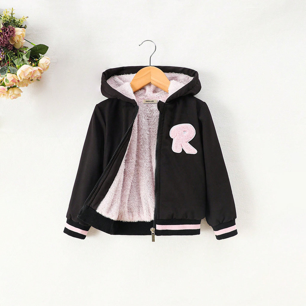 Girls Black Hooded Jacket with Fleece Lining