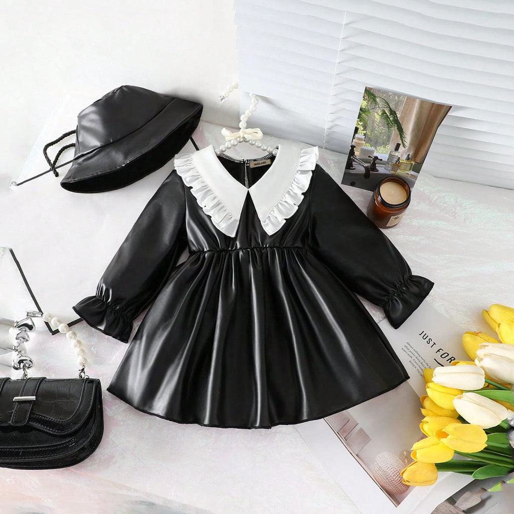 Girls Black Faux Leather Fit & Flare Peter Pan Collar Dress Casual Dresses Black 6-9 M 