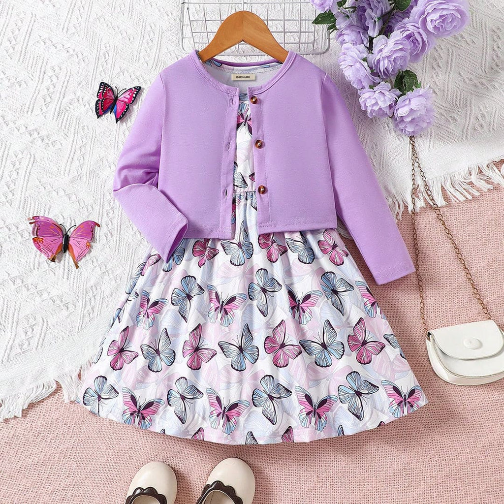 Girls Butterfly Printed Dress With Long Sleeve Top