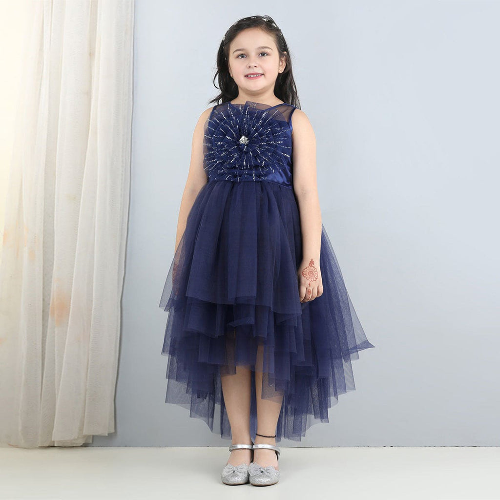 Girls Navy Blue Sleeveless Flower Embellished High Low Party Dress Party Dresses Navy Blue 1-2 Y 