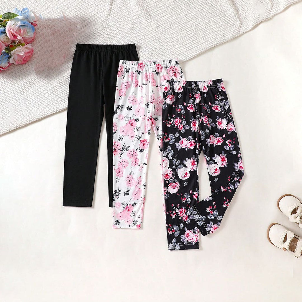 Girls Flower Printed Trousers ( Pack Of 3 ) Pants Black 2-3 Y 