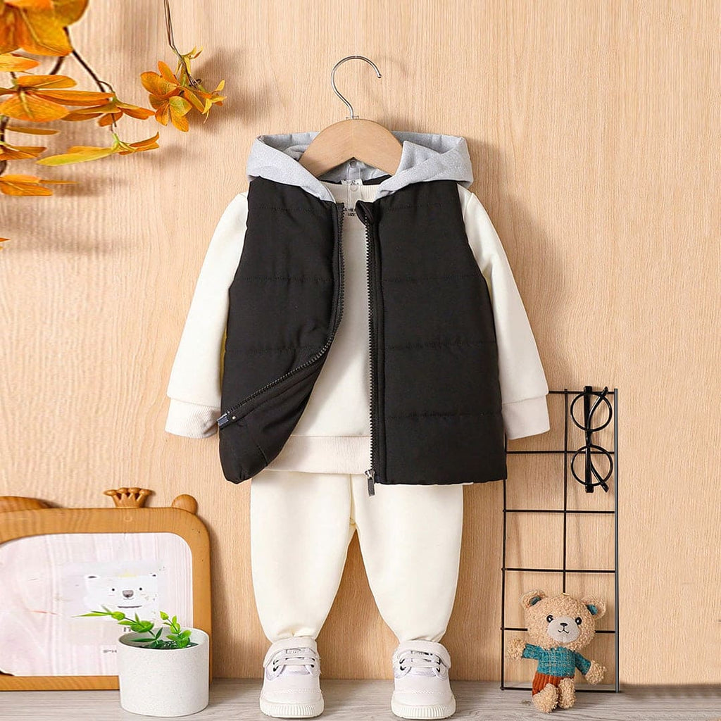 Boys Black Sleeveless Hooded Jacket With Sweatshirt And Pants Sets Sets Black 6-9 M 