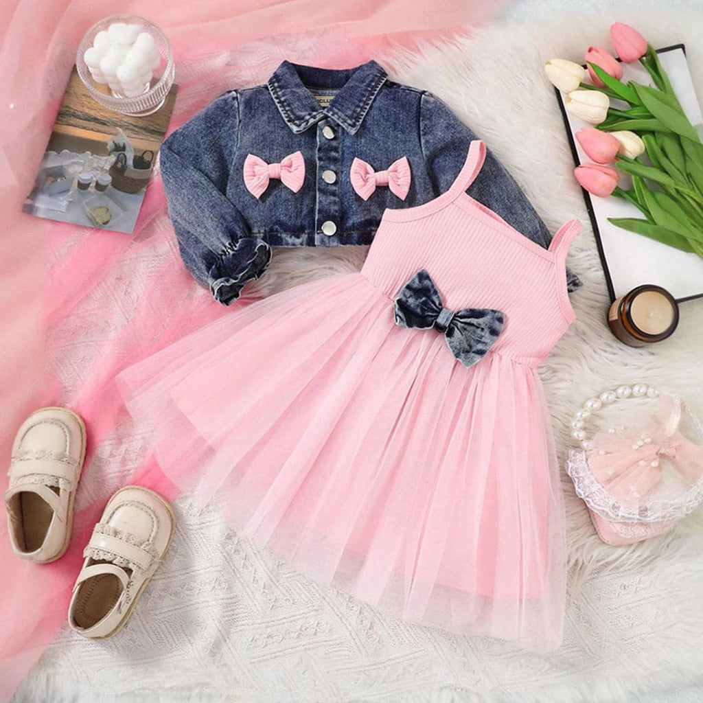 Girls Pink Fit & Flare Dress With Denim Jacket Casual Dresses Pink 6-9 M 