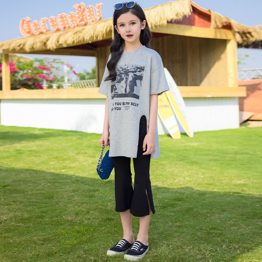 Girls Grey Printed Front Slit Oversized T-shirt Tshirts Grey 5-6 Y 