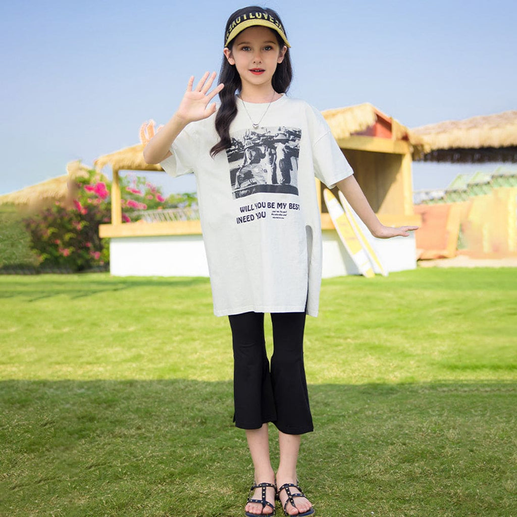 Girls White Printed Front Slit Oversized T-shirt Tshirts White 5-6 Y 