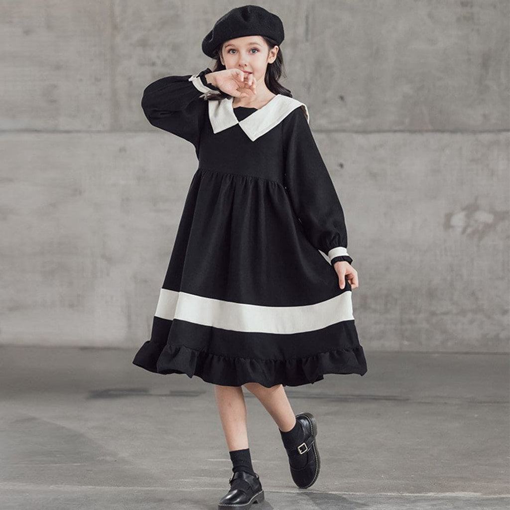 Girls Black Puff Sleeves Fit & Flare Dress Casual Dresses Black 5-6 Y 