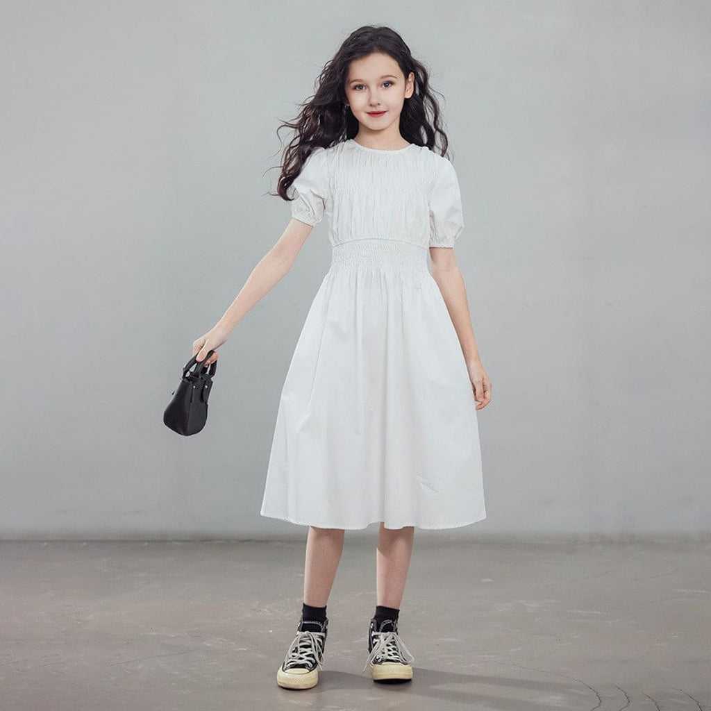 Girls White Short Sleeves Fit & Flare Casual Dress Casual Dresses White 5-6 Y 