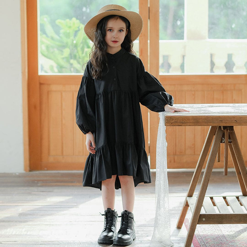 Girls Black Solid Full Sleeves Flared Casual Dress Casual Dresses Black 5-6 Y 