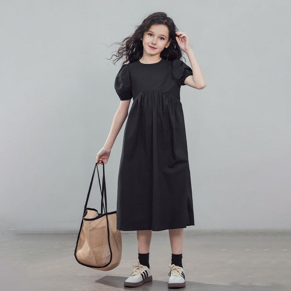 Girls Black Puff Sleeves Empire Line Casual Dress Casual Dresses Black 5-6 Y 