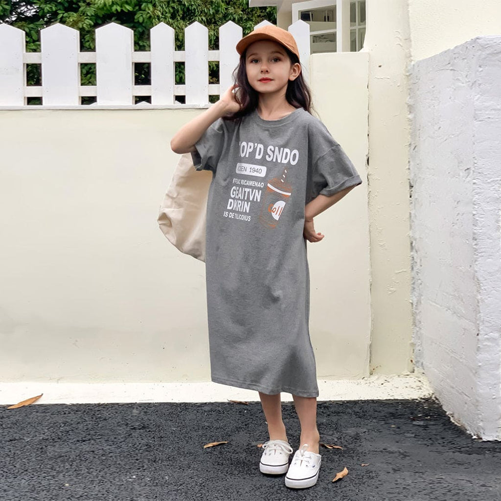 Girls Grey Printed Half Sleeves T-shirt Dress Casual Dresses Grey 5-6 Y 