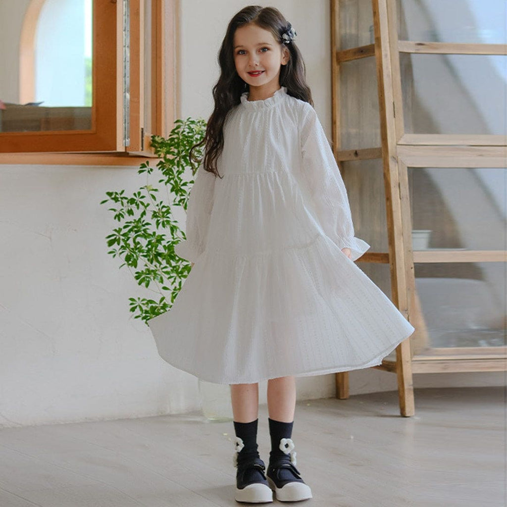 Girls White Solid High Neck Tiered Dress Casual Dresses White 5-6 Y 