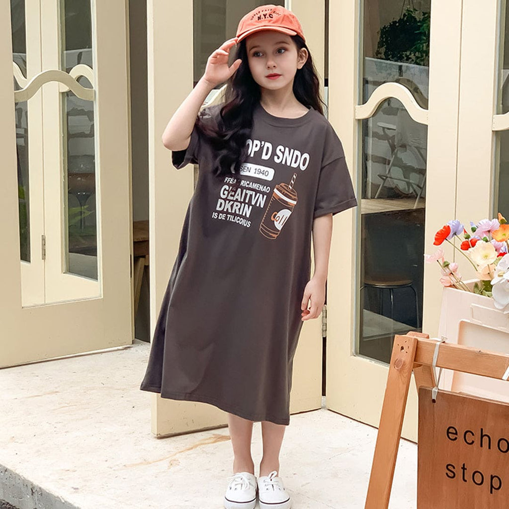 Girls Printed Half Sleeves T-shirt Dress Casual Dresses Dark Grey 5-6 Y 