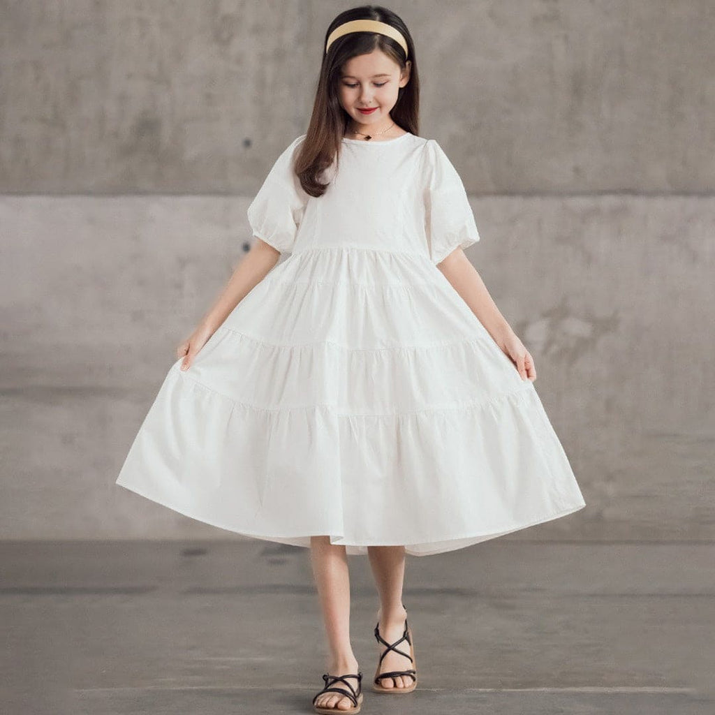 Girls White Solid Puff Sleeves Tiered Dress Casual Dresses White 5-6 Y 