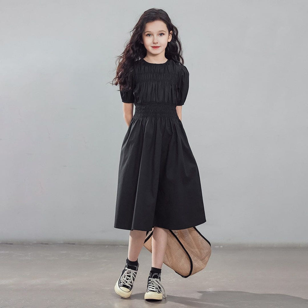 Girls Black Short Sleeves Fit & Flare Dress Casual Dresses Black 5-6 Y 