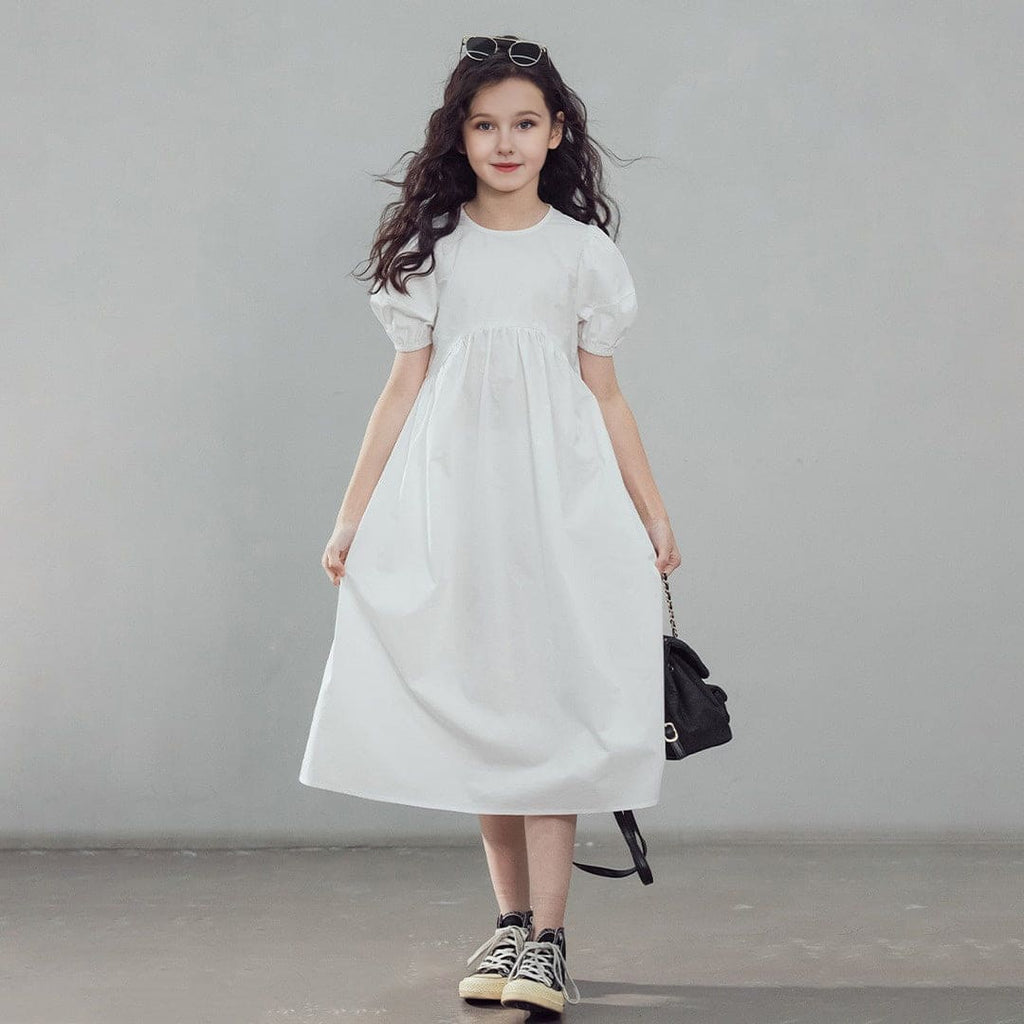 Girls White Puff Sleeves Empire Line Casual Dress Casual Dresses White 5-6 Y 