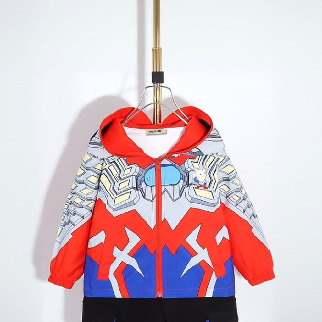 Boys Red Over All Printed Full Sleeves Hooded Jacket Coats & Jackets Red 2-3 Y